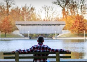 Scenic autumn landscape with a wooden bench overlooking a tranquil lake during golden hour.