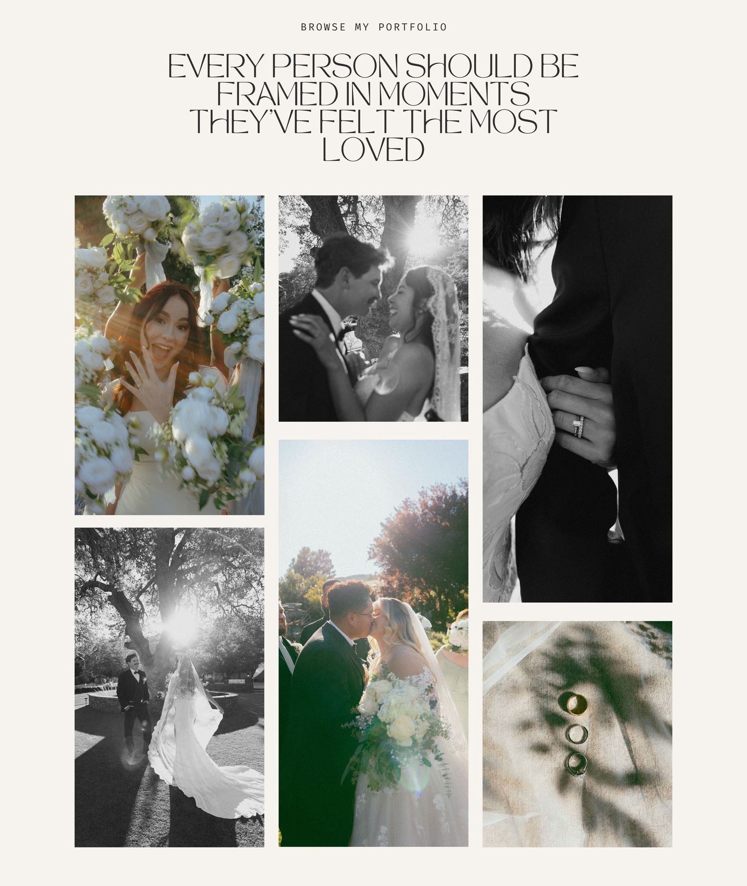 A collection of warm-toned wedding photos showing romantic moments including outdoor ceremonies and elegant bridal details.