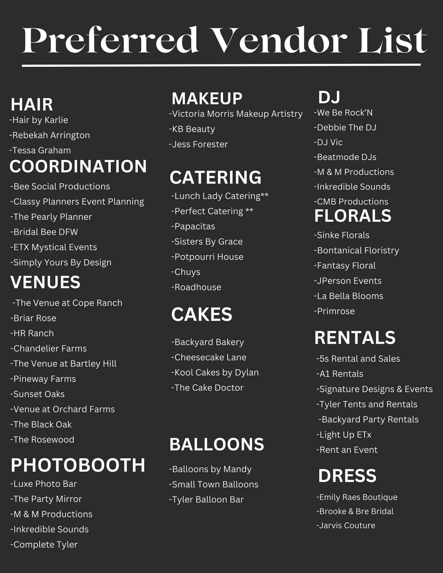 Wedding vendor list featuring categories for hair, makeup, catering, flowers, and other services.