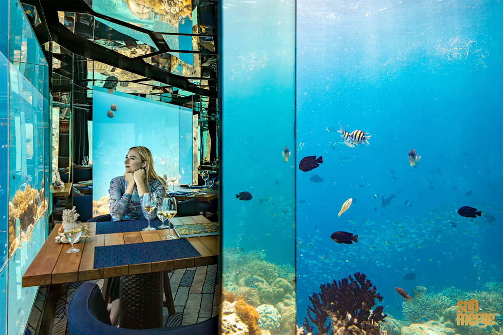 Restaurant with large aquarium walls featuring tropical fish swimming past dining tables.