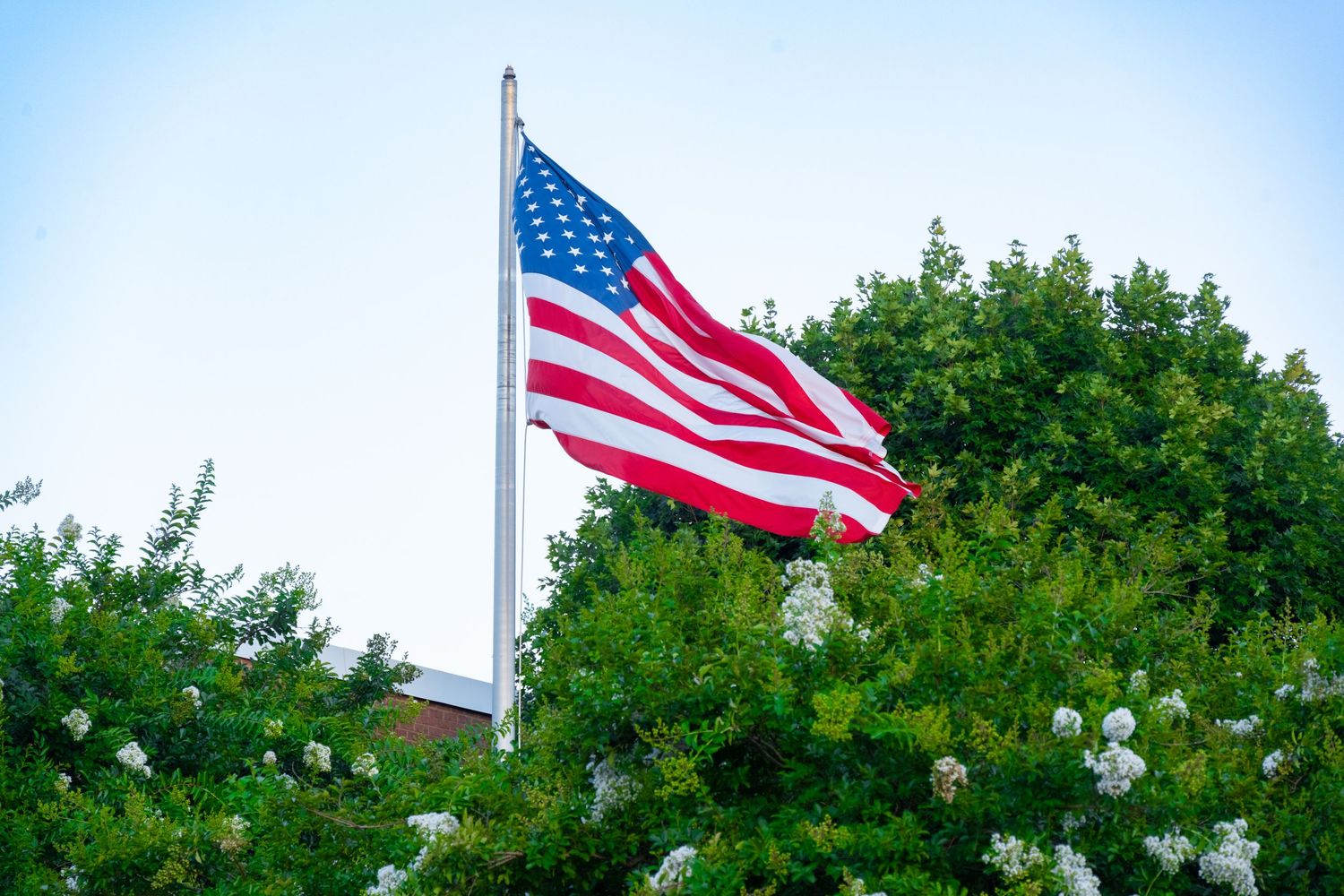American flag waving against blue sky with green trees in background.