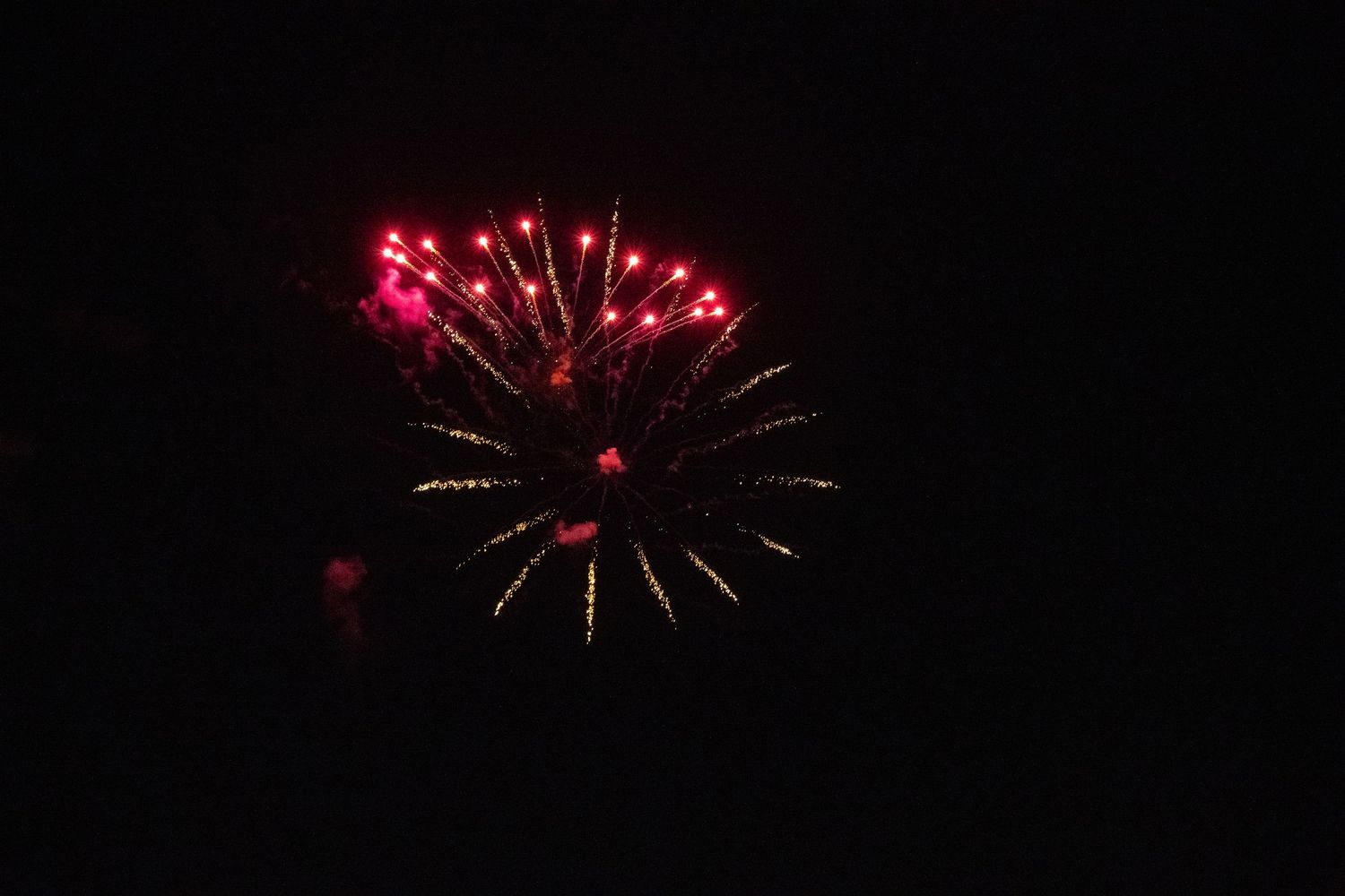 Red firework burst creating dramatic display in night sky.