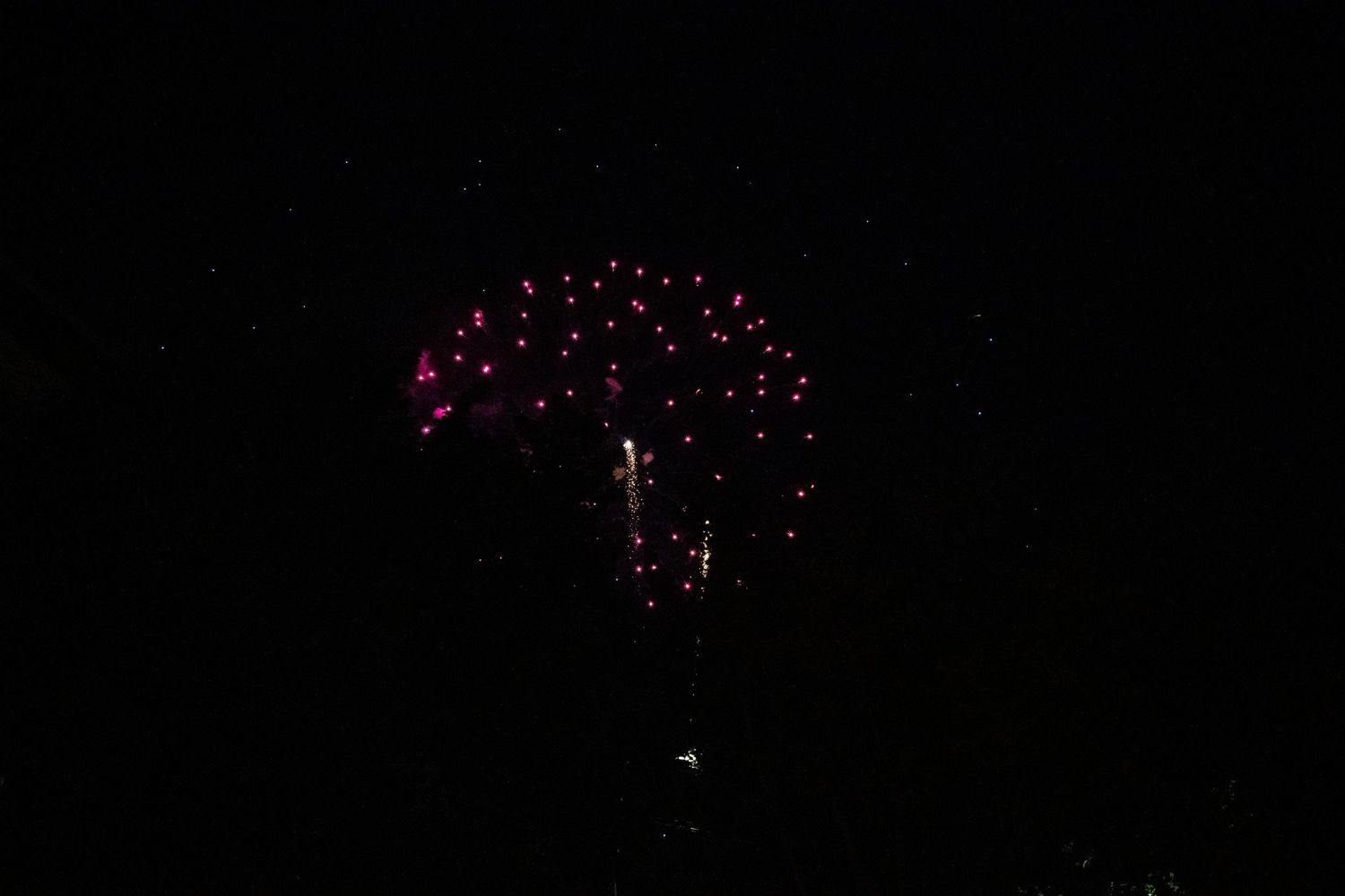 Red fireworks create a symmetrical pattern of sparks in the night sky.