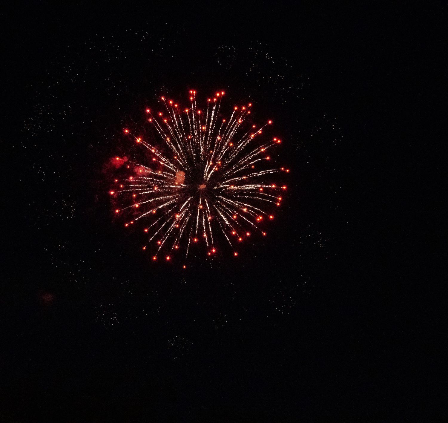 A bright red firework explosion creates a starburst pattern against the dark night sky.