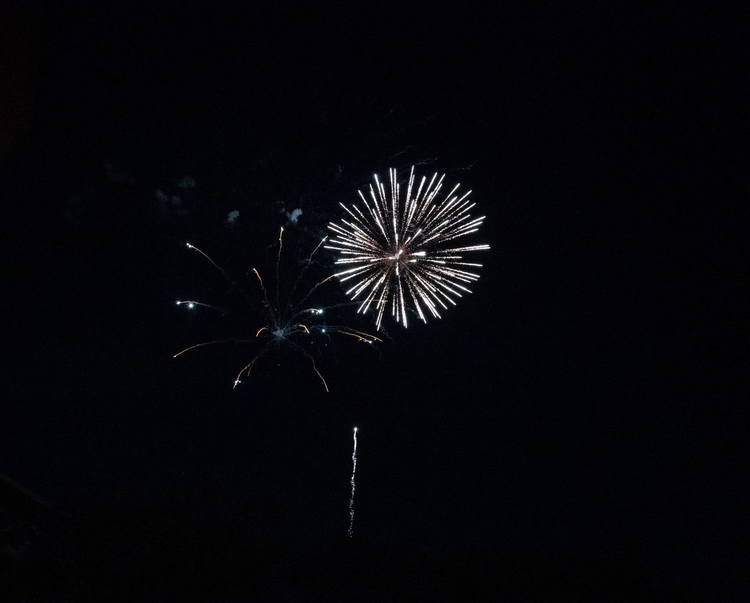 White starburst firework explosion illuminates the dark night sky with a radiant display.