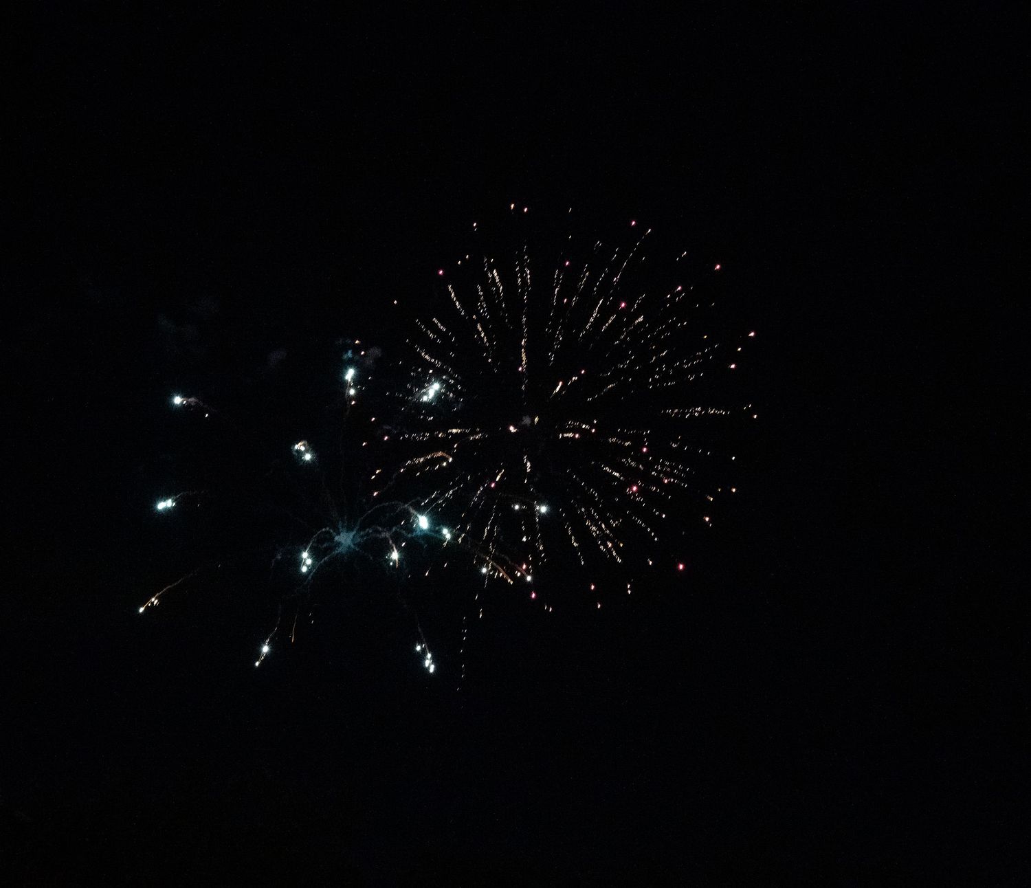 Delicate blue and white firework explosion creates a spherical pattern in the darkness.
