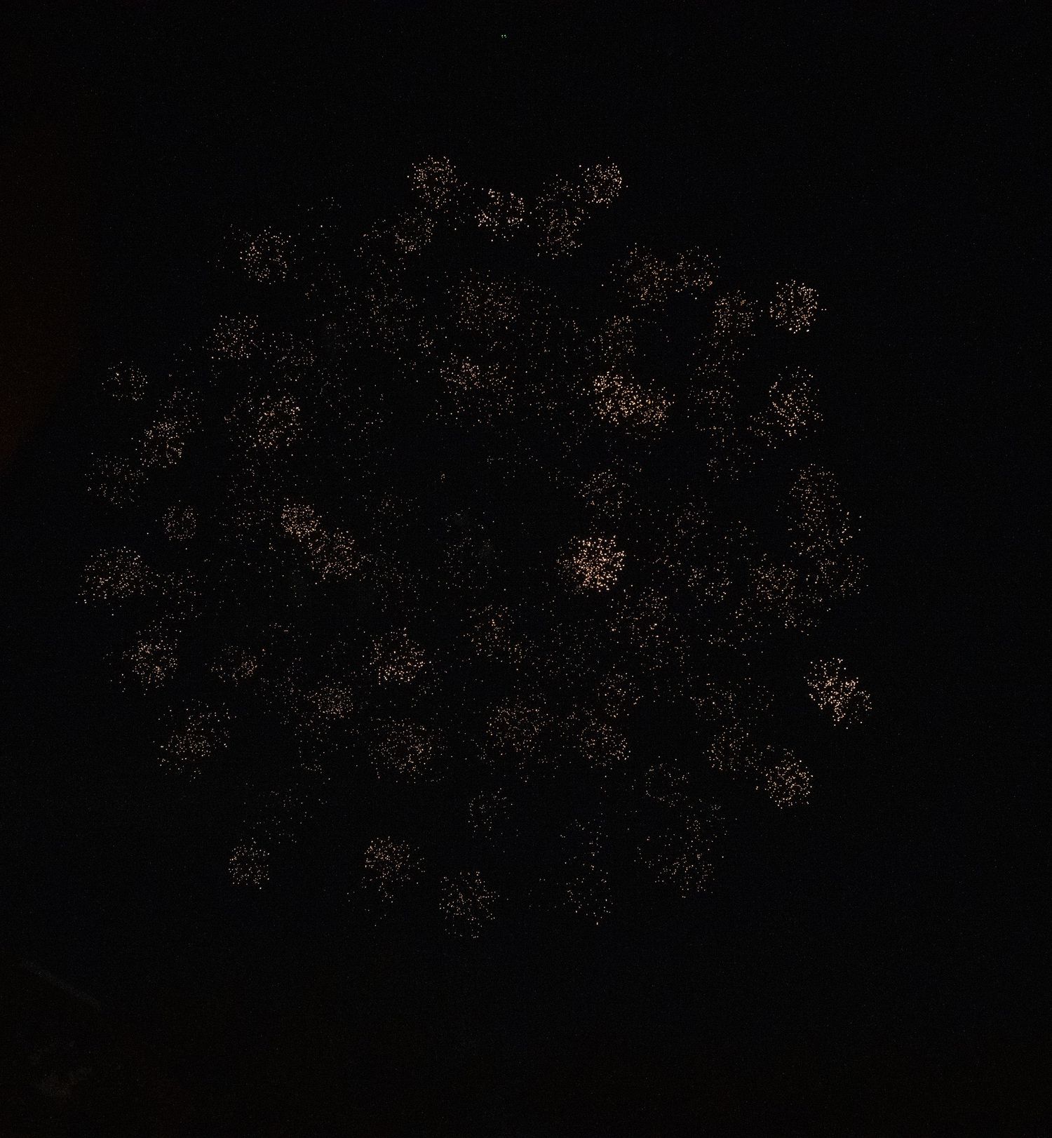 Bronze-colored firework creates a dense circular pattern of sparks in the night sky.