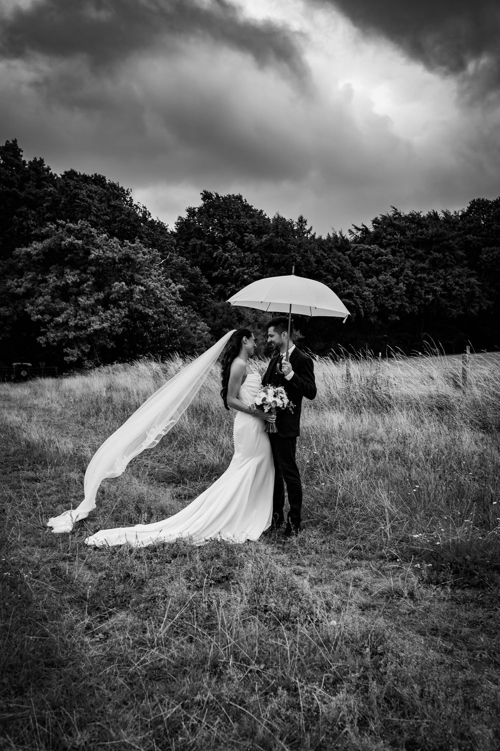 A romantic wedding scene in black and white shows a couple sharing an umbrella in a meadow with dramatic clouds overhead.