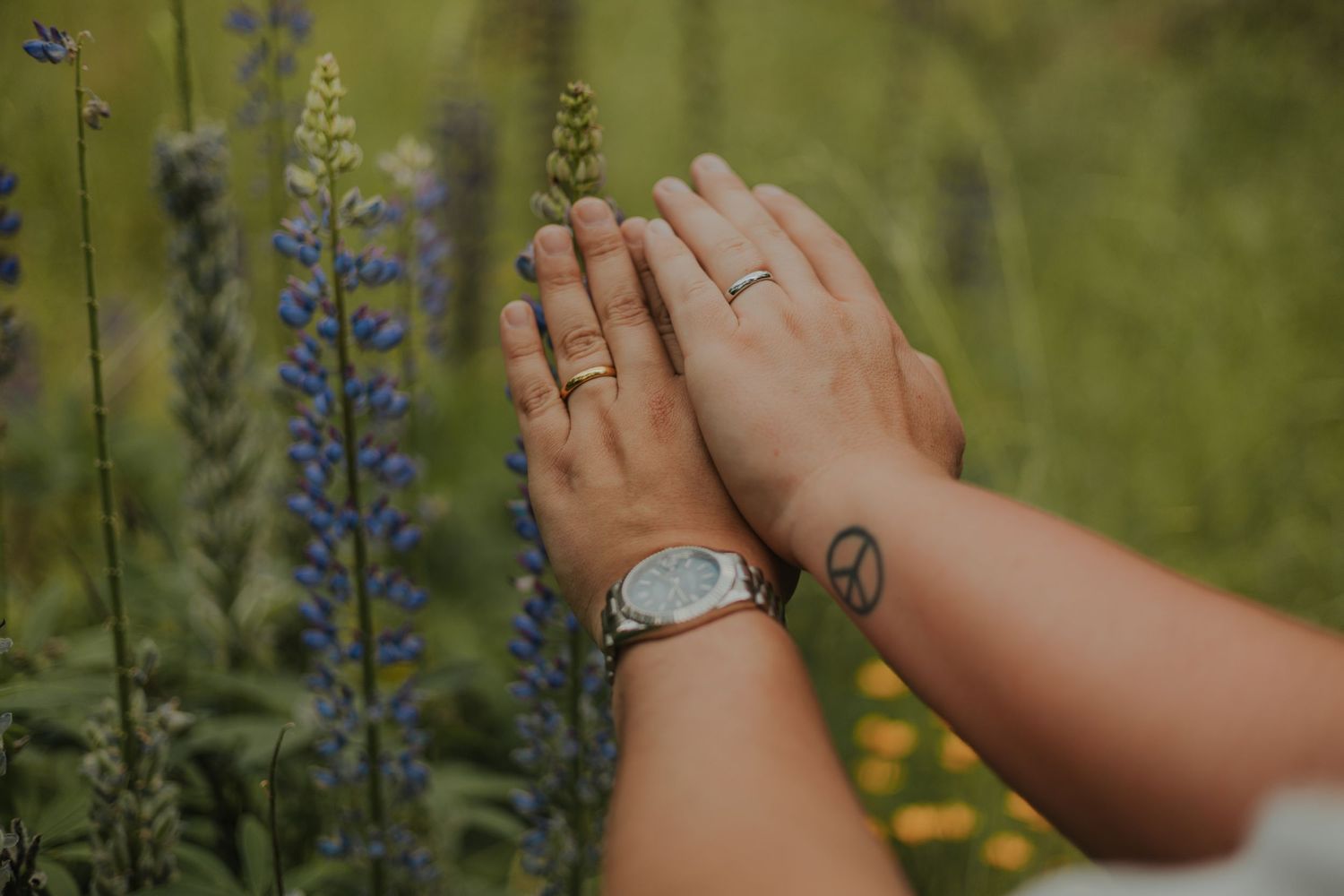 Close-up of hands with engagement ring among purple lupine flowers.