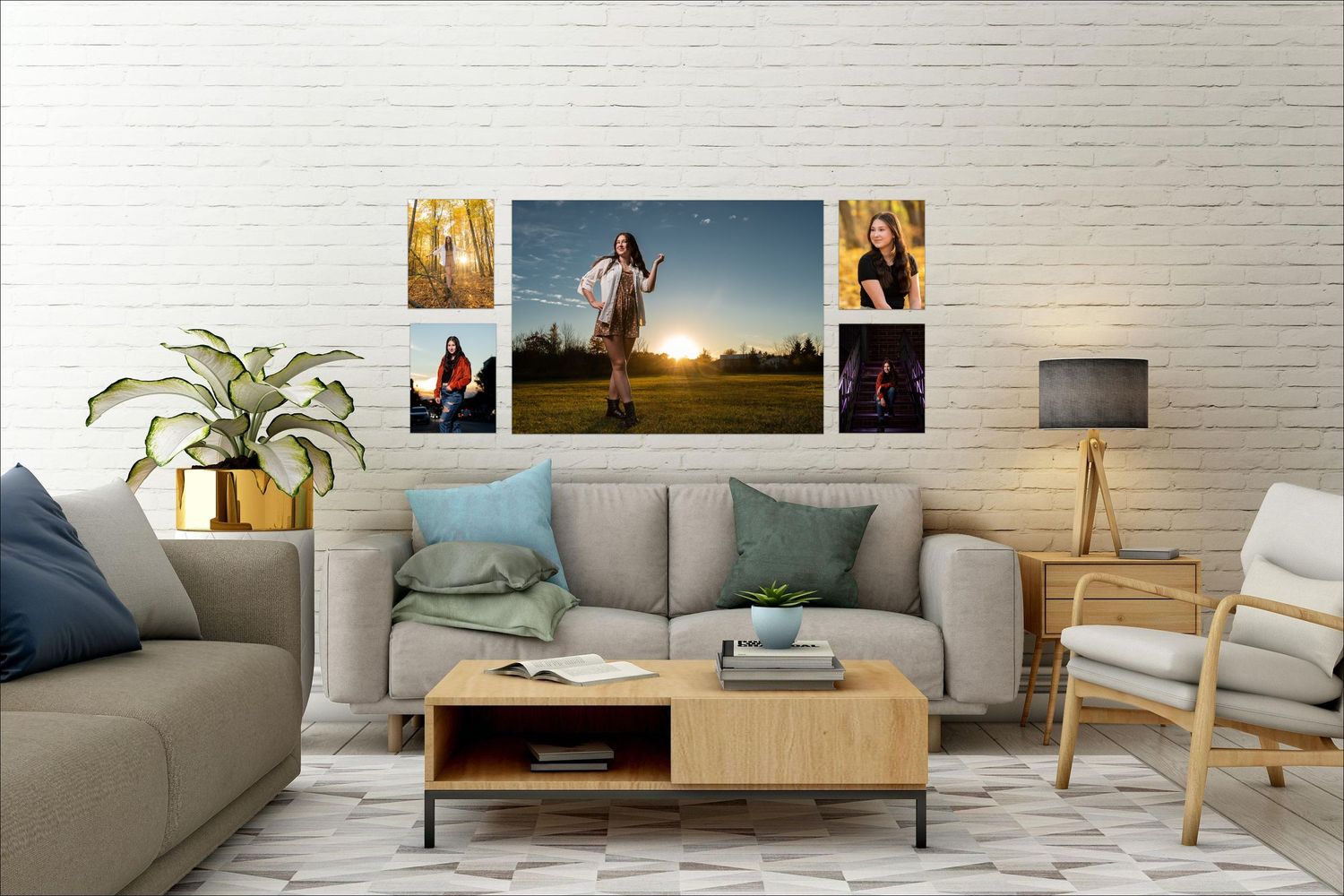 Metal print wall art installation of a high school senior portrait session above a sofa in a modern living room