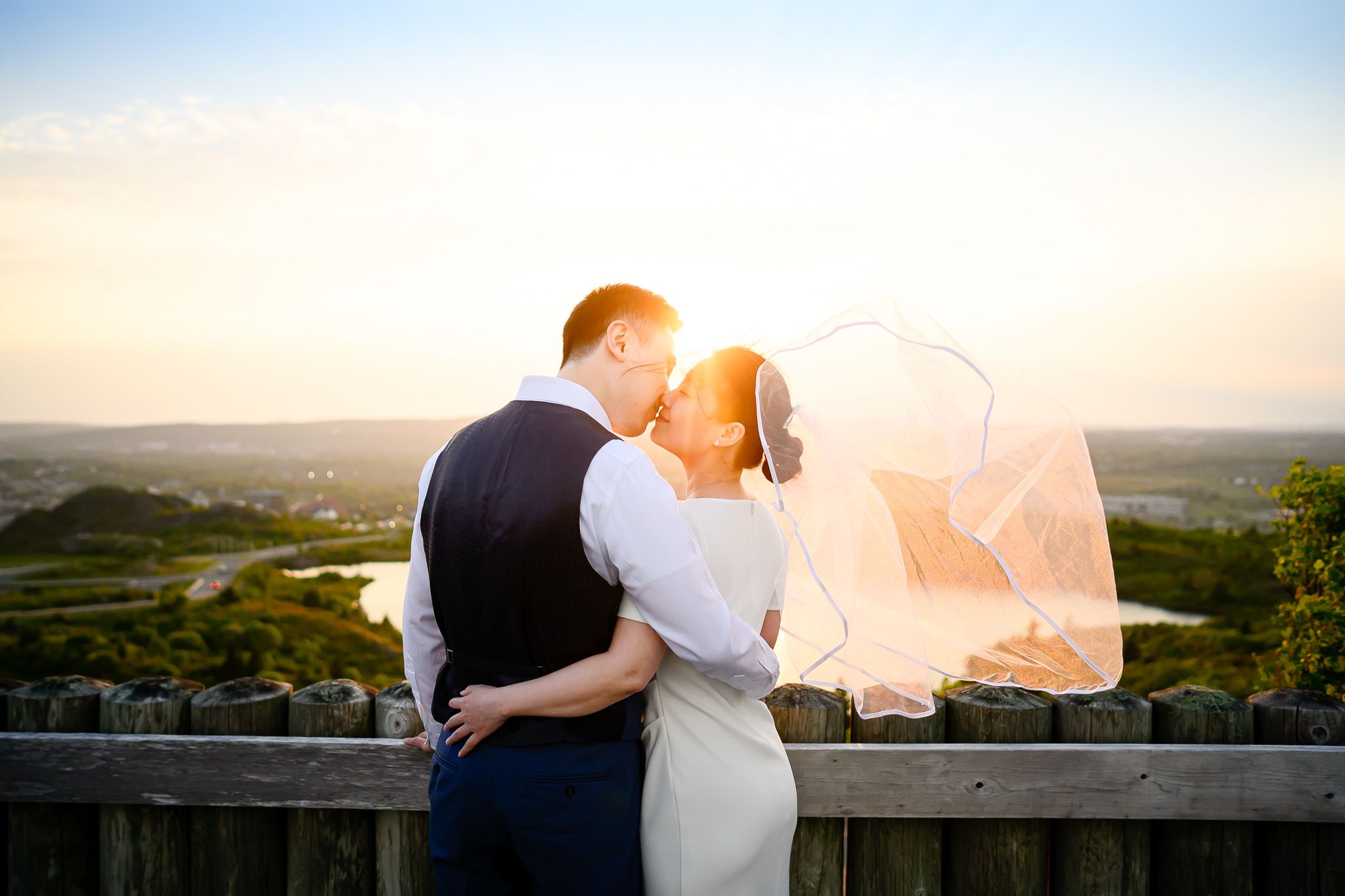 Bride and groom portrait on Signal Hill overlooking St. John’s harbour