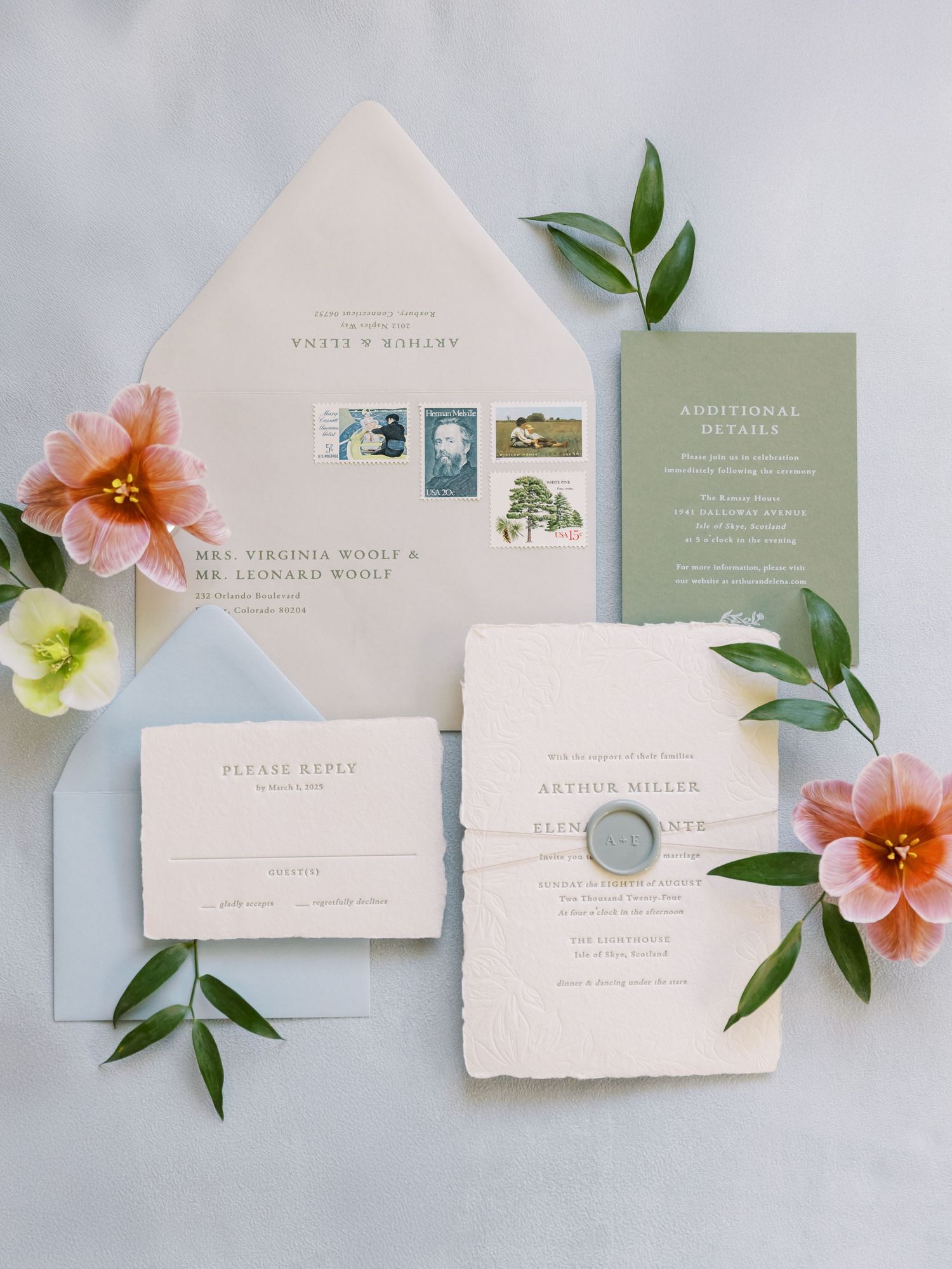 Elegant wedding invitation suite in blush pink and sage green with vintage stamps and floral accents on light gray background.