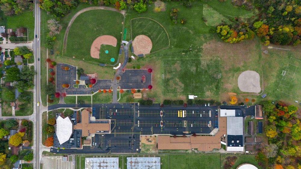 A top down aerial view of a school campus