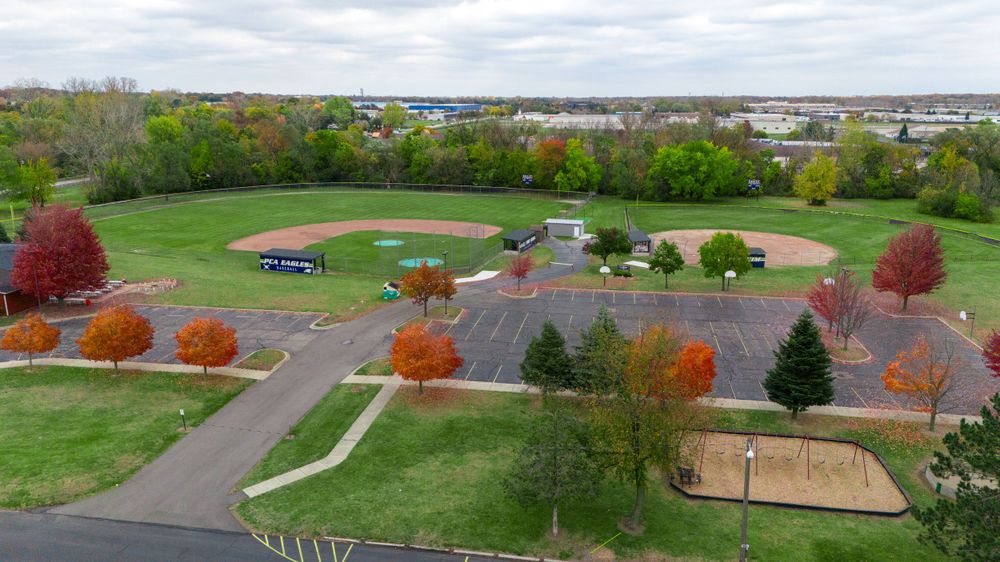 An aerial view of baseball and softball fields