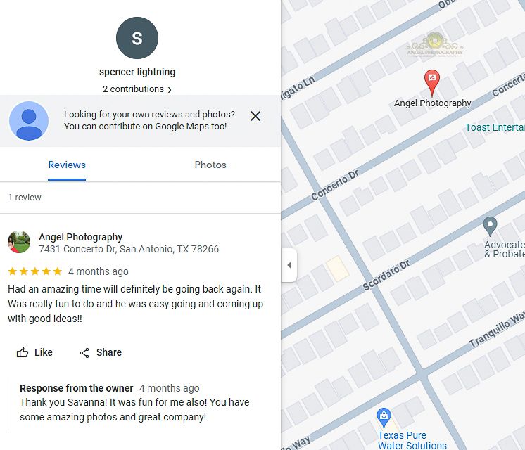 Screenshot of a Google Maps business review showing 5 star rating and location marker.