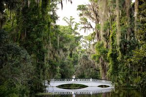 A white wooden footbridge curves gracefully through a lush Southern garden draped with Spanish moss and tropical foliage.
