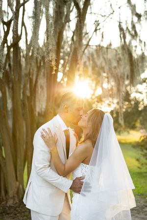 A romantic wedding couple shares a tender kiss at sunset in a eucalyptus grove with golden sunlight streaming through trees.