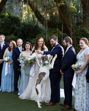 Wedding party in blue and navy attire poses together on a green lawn during an outdoor celebration.