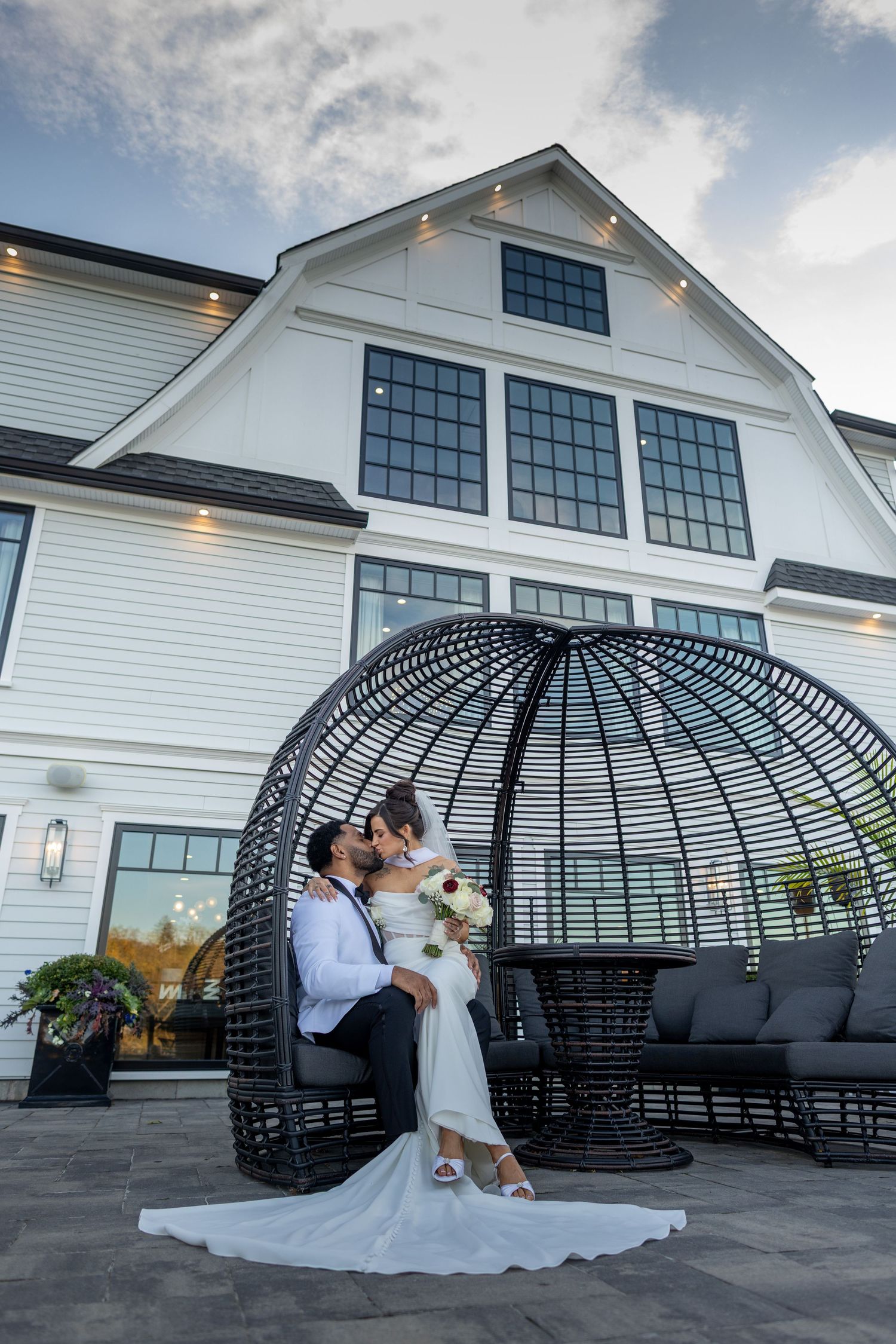 Water's Edge: Bride and groom portrait outside Water's Edge wedding venue Centerport, New York.