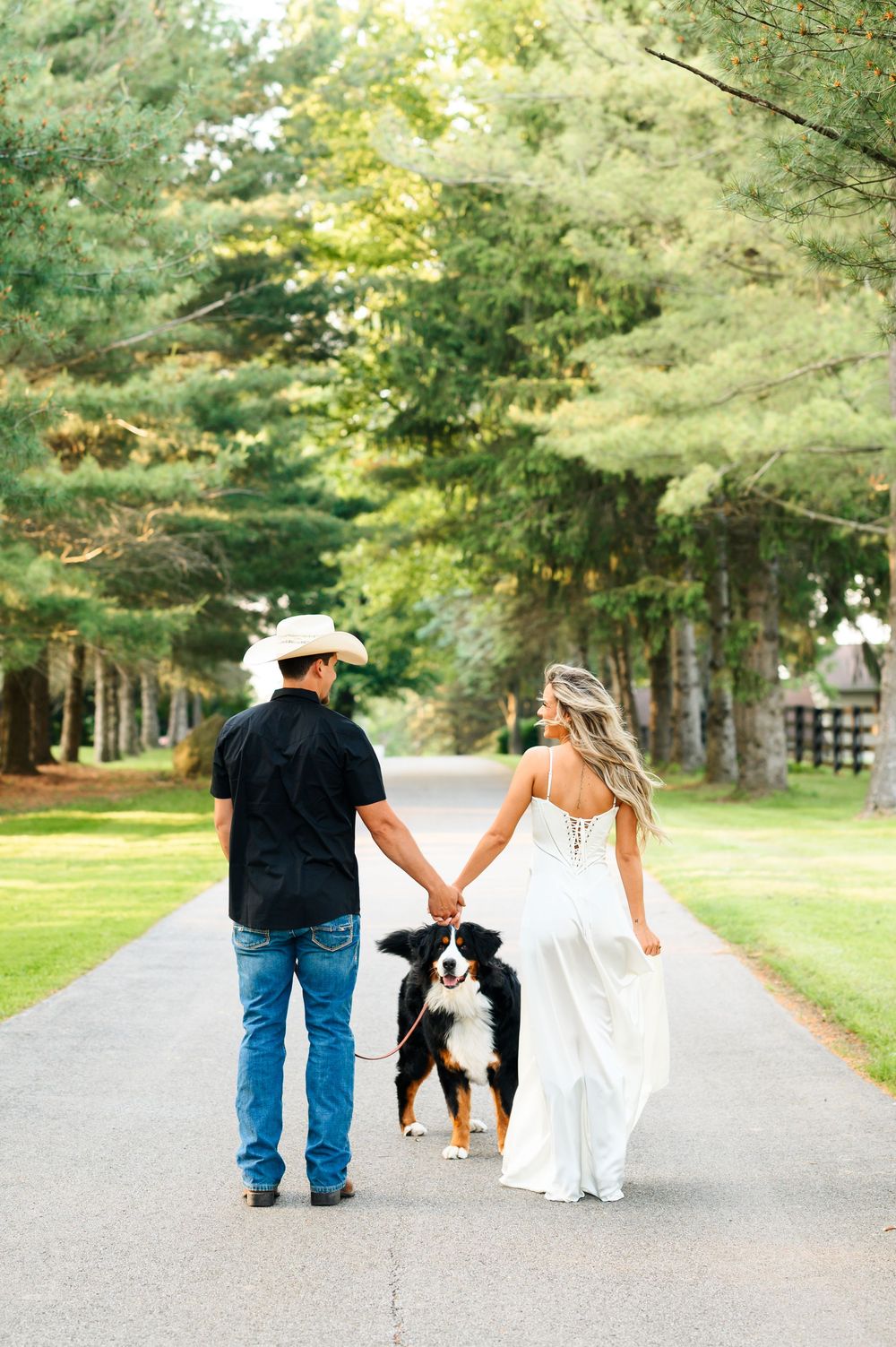 A couple walking down a tree-lined path with their dog, photographed from behind in a creative sequence.