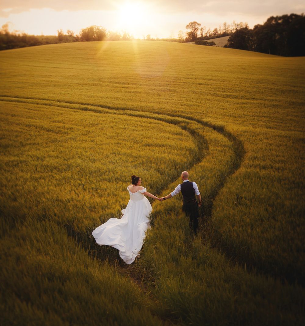 Aerial view of bride and groom holding hands walking through golden green field at sunset on wedding day.