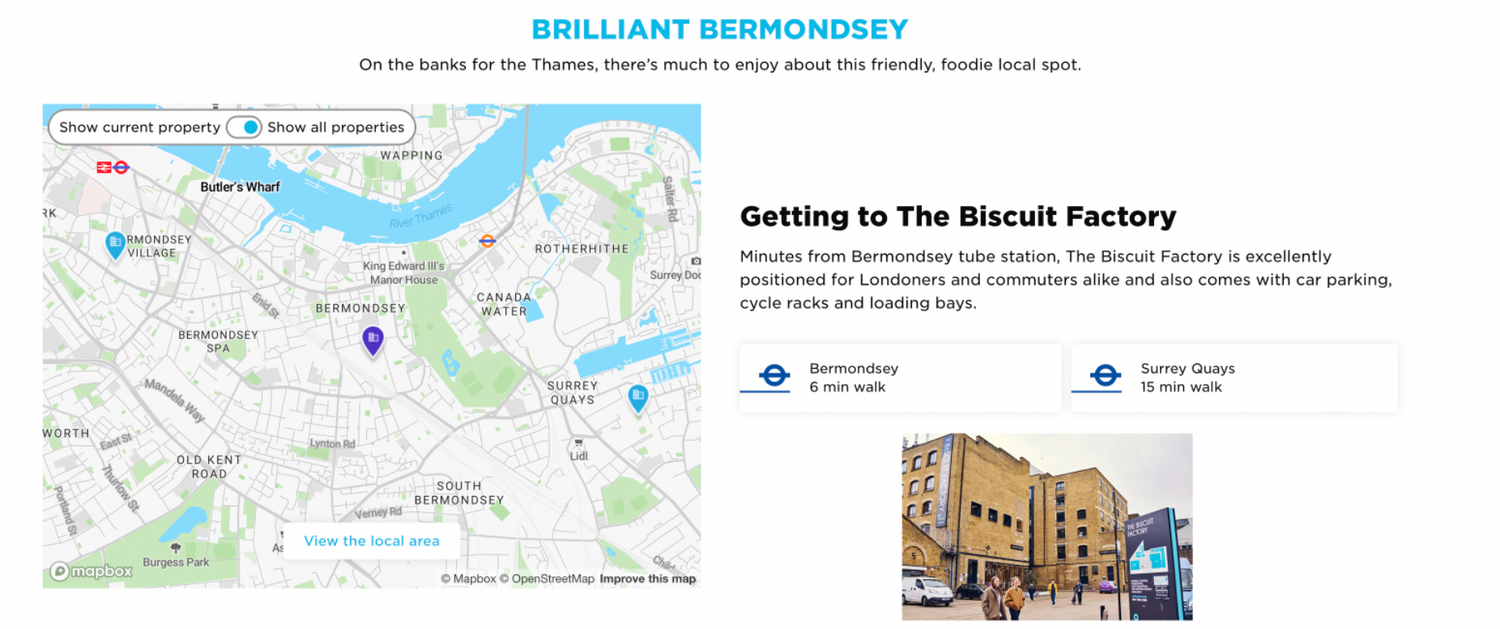 Map and building exterior view showing directions to The Biscuit Factory.