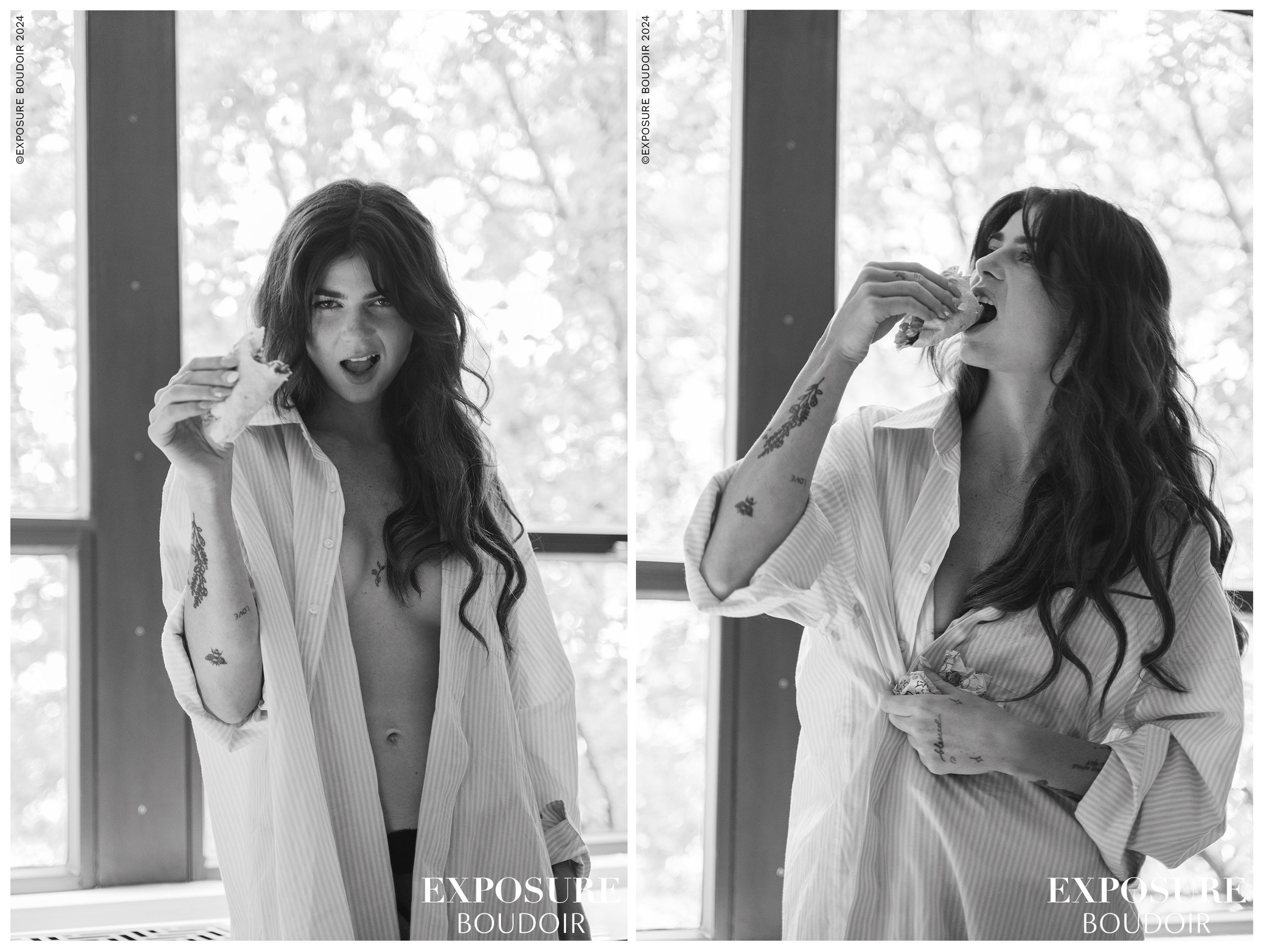 Woman in white blazer strikes a series of dynamic poses while holding a glass of water.