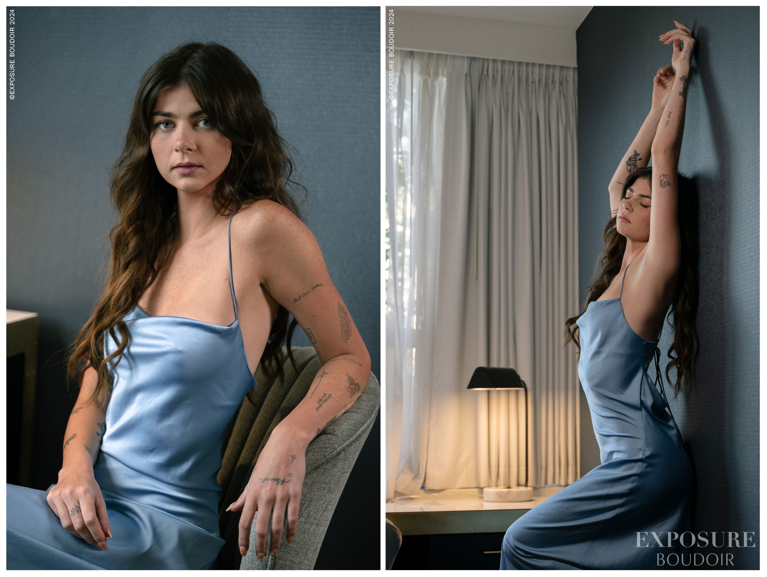 Nine sequential photos show a figure in a light blue silk slip dress posing elegantly against a neutral interior backdrop.