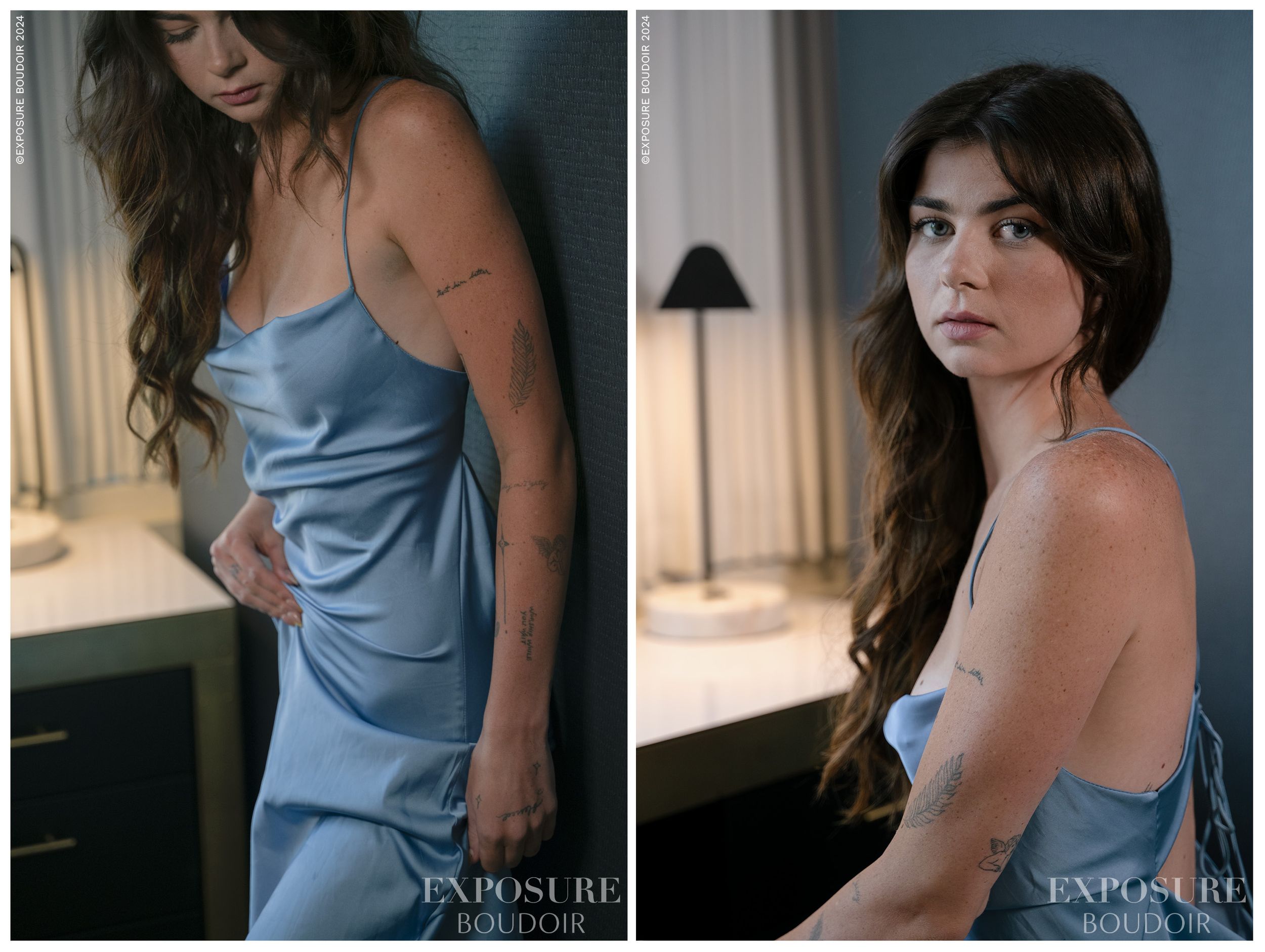 A person poses in a light blue silk slip dress against a soft interior setting with natural lighting and clean aesthetic.