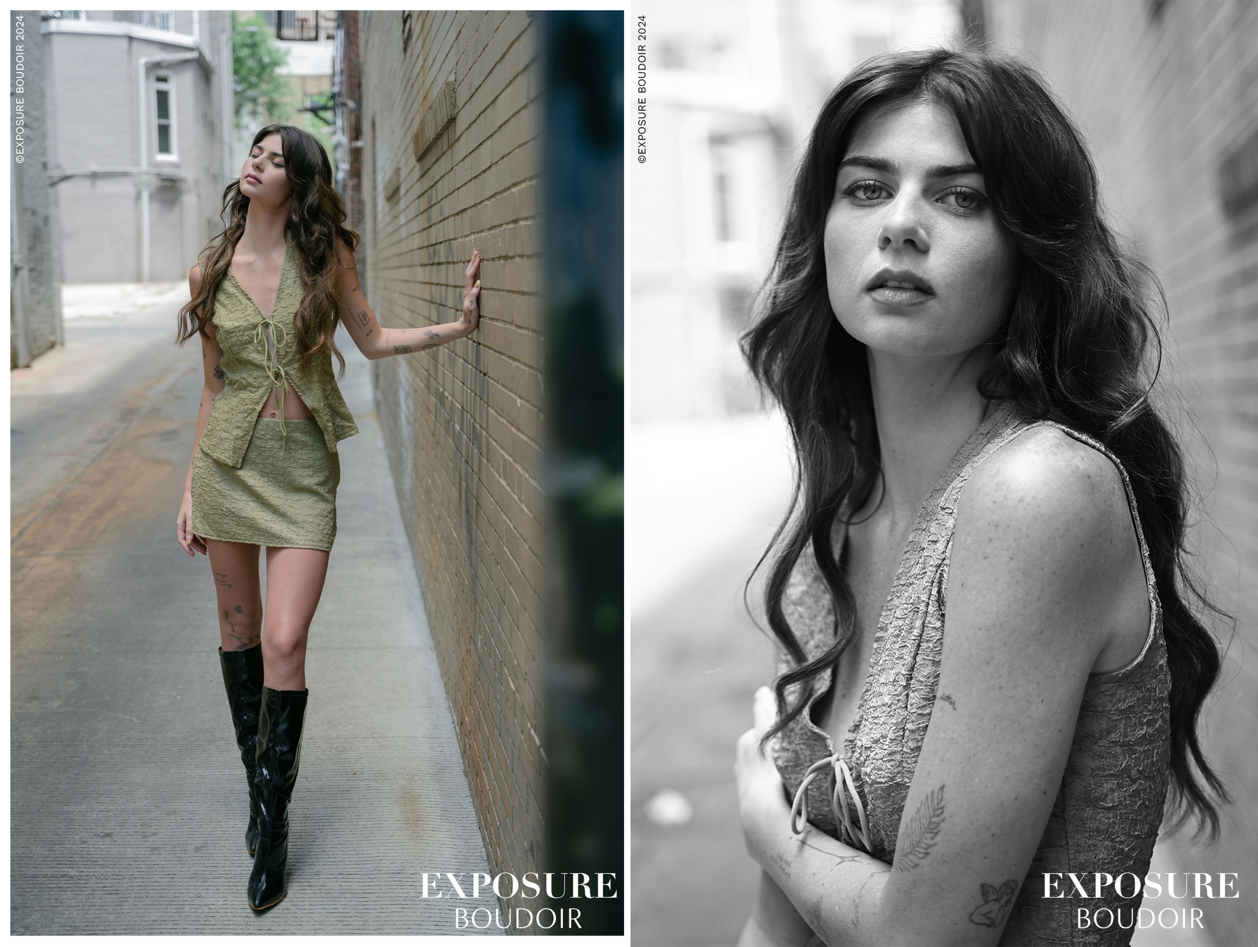 Professional fashion editorial portraits shot against an urban backdrop featuring a green dress and tall black boots.