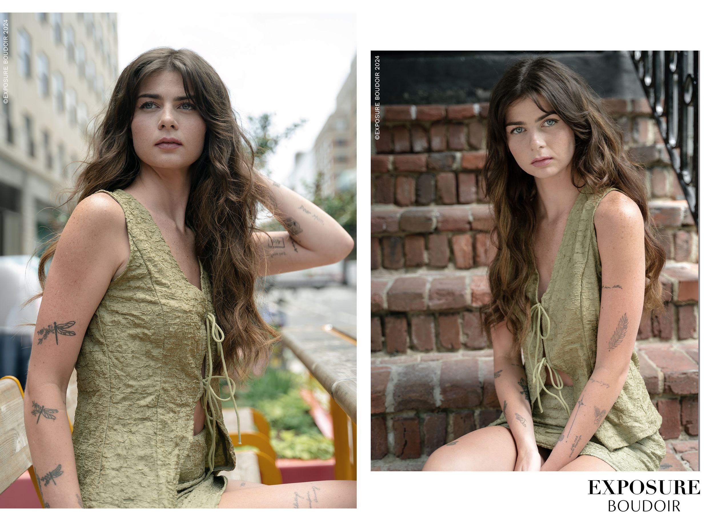 A person with long wavy brown hair poses in a green sleeveless dress in an urban outdoor setting.