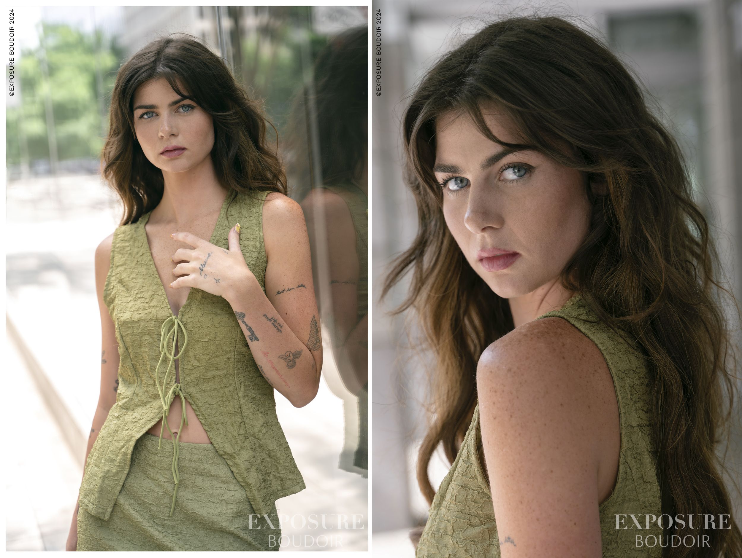 Two-photo set shows someone with wavy dark hair posing in a green corset-style top against different backgrounds.