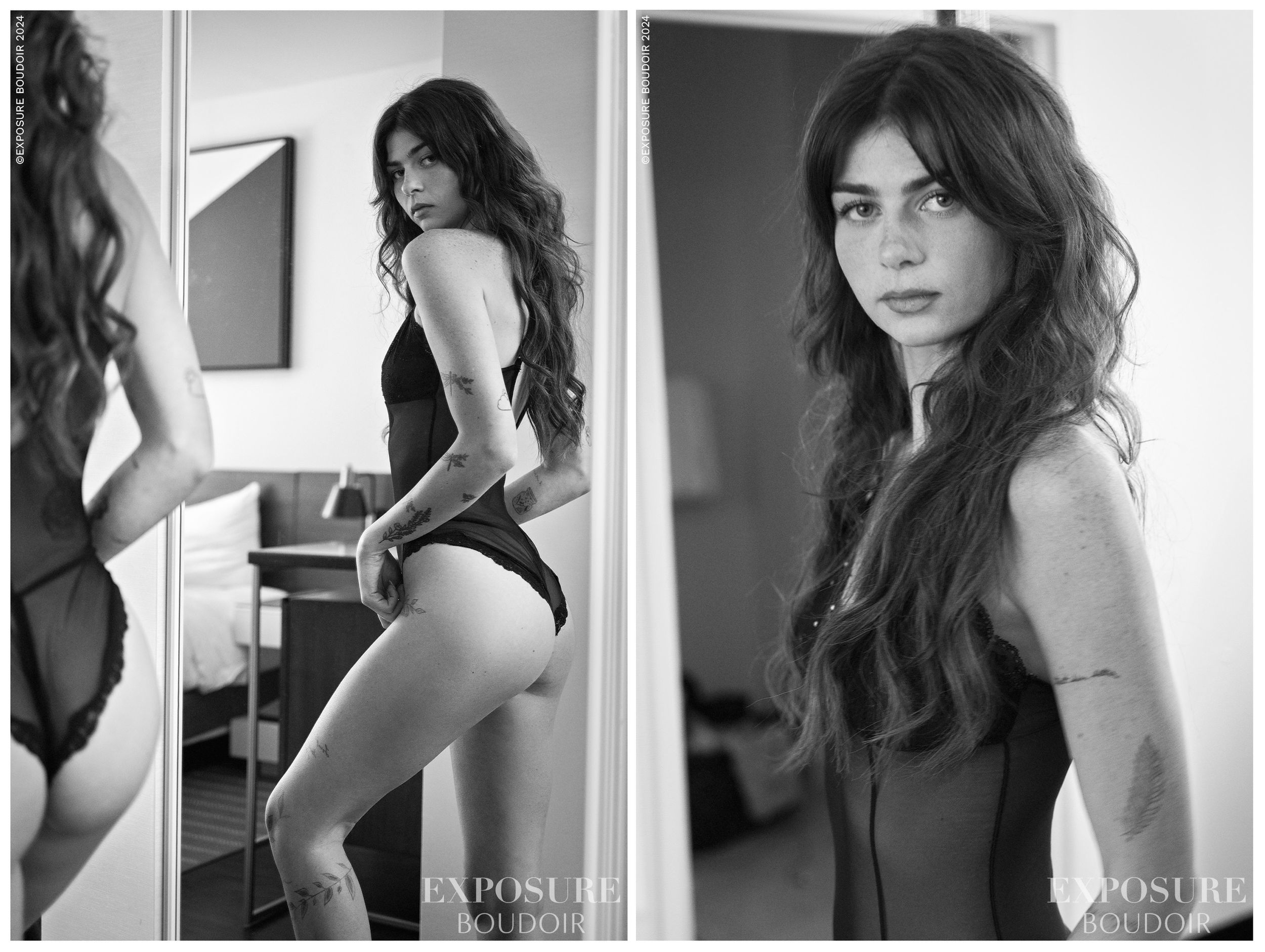 A black and white diptych shows a model with long dark hair posing in a bodysuit against a light interior background.