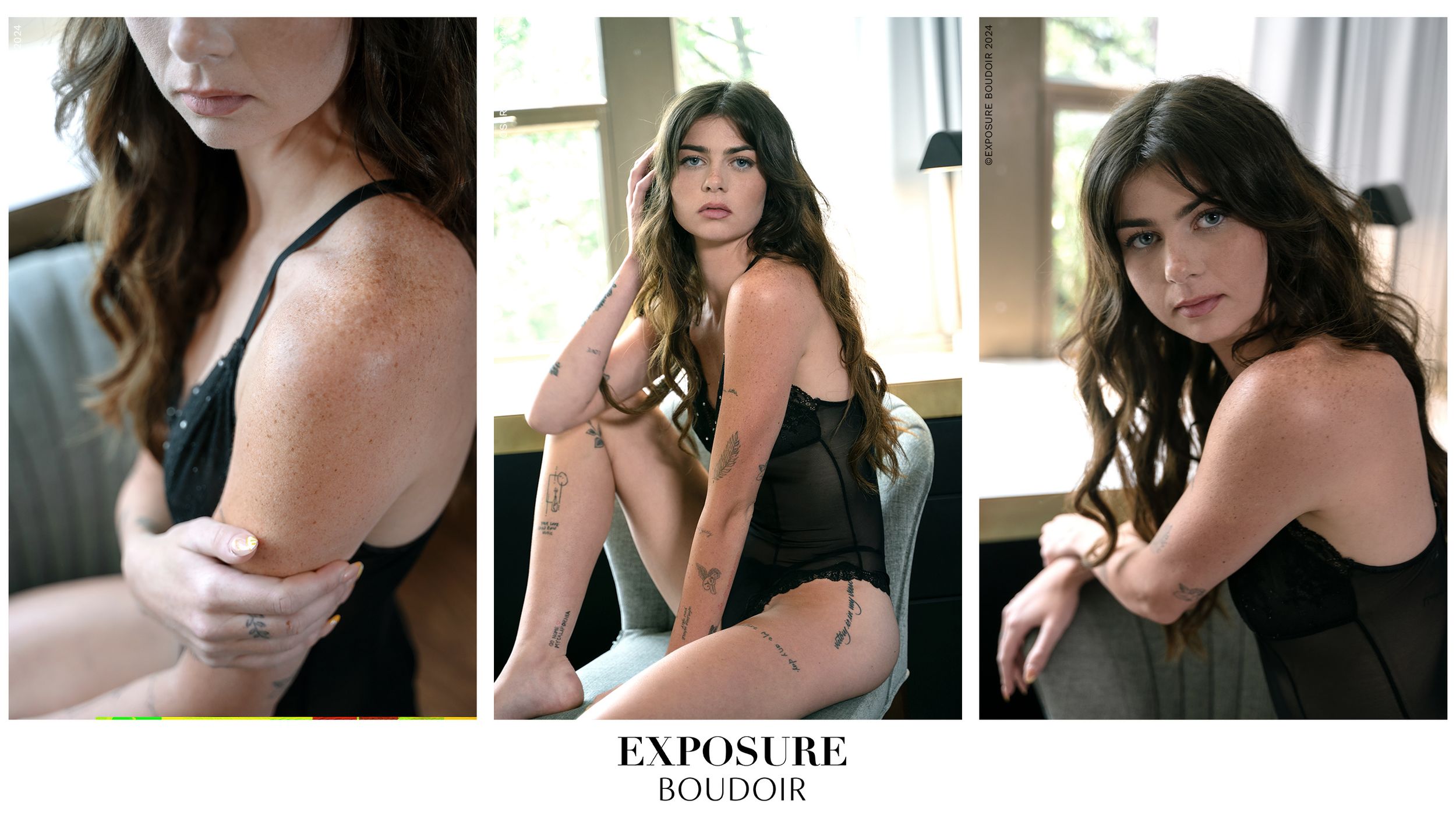Three boudoir photography poses in black lingerie showing artistic angles and intimate portraiture.