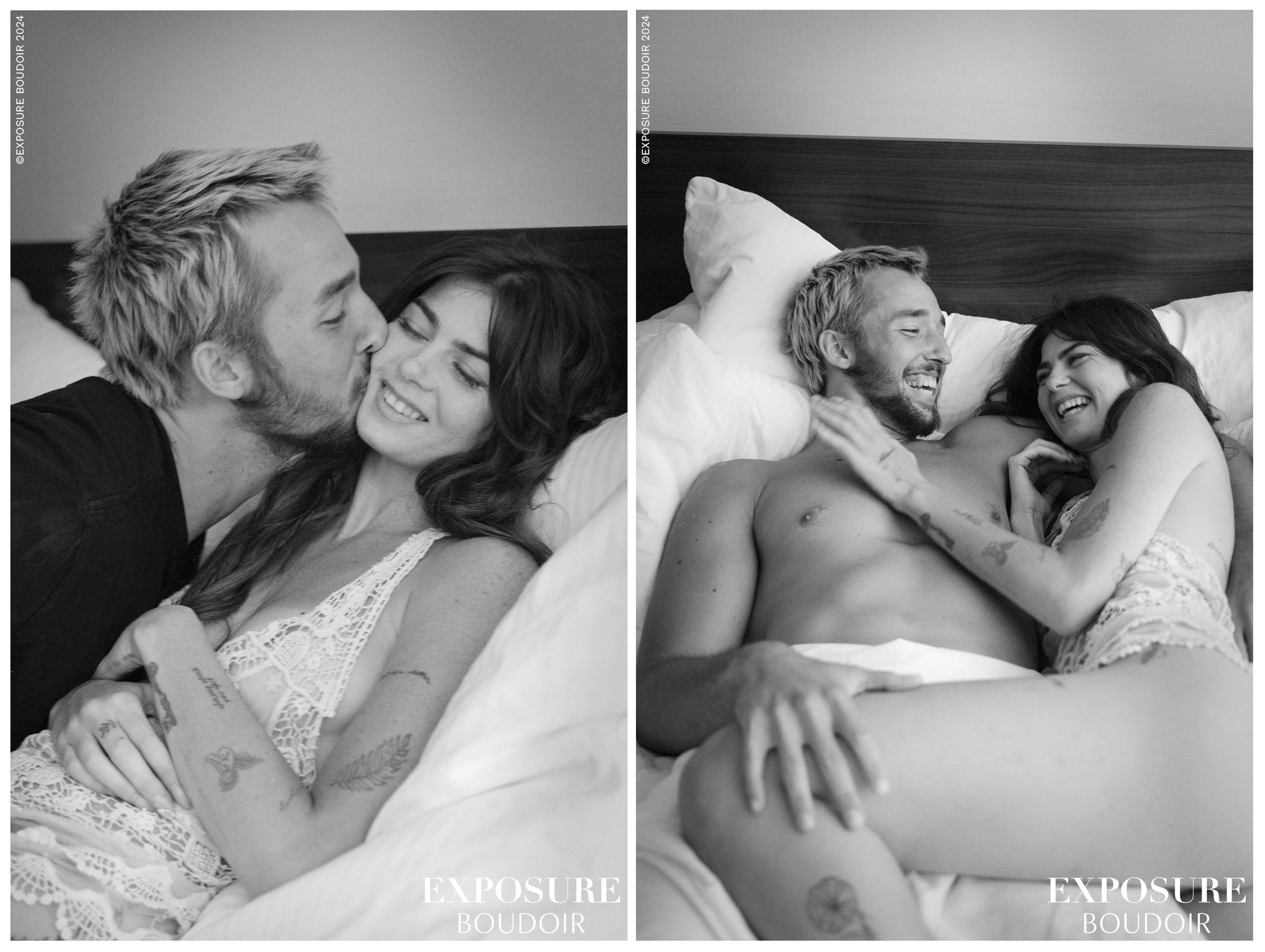 A montage of black and white photographs showing intimate couples embracing while lying in bed together.