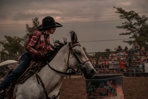 A rodeo participant rides a white horse in competition at dusk.