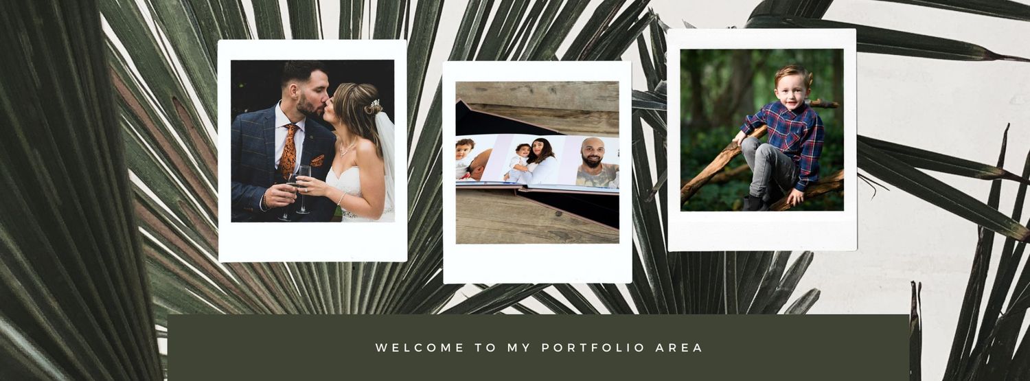 Three instant photos arranged on dark palm leaf background.