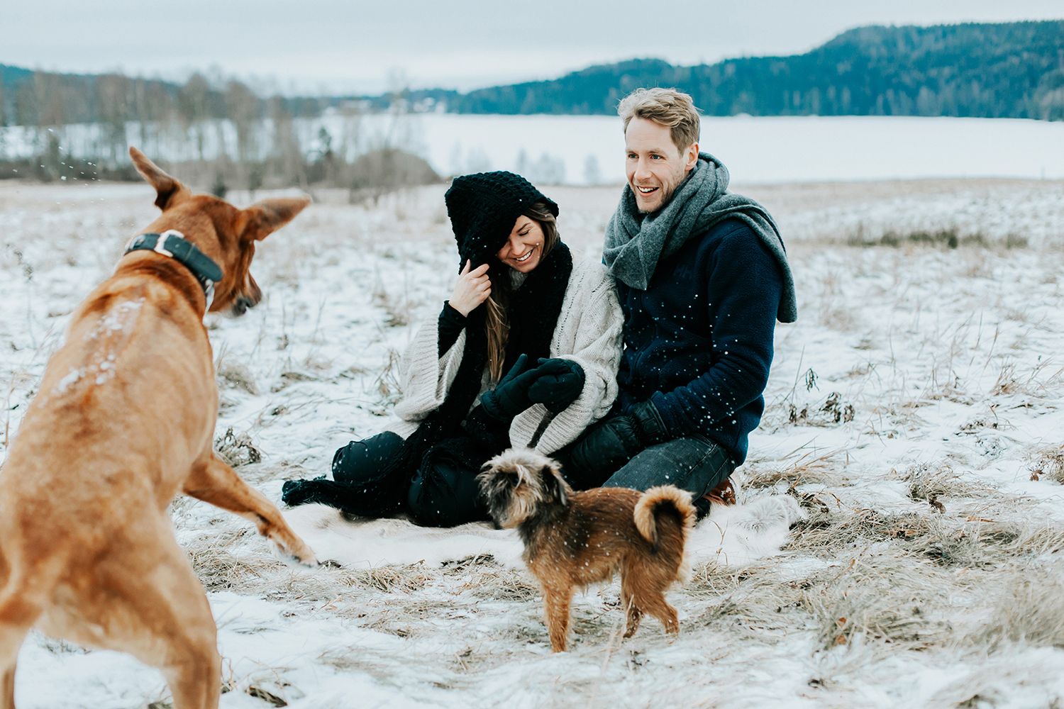 Parfotografering med Malin och Per Åslund vid Acksjön utanför Molkom. Fotograf Rebecca Nordin. Hundlek.