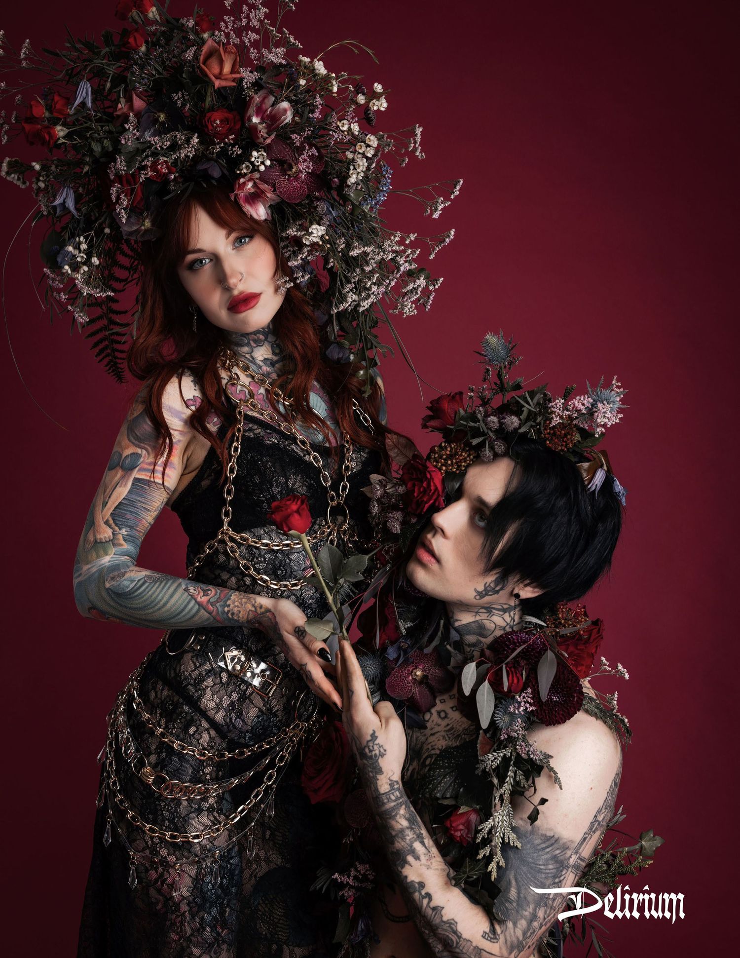 Tear sheet of Delirium Magazine featuring Louie and Erin wearing florals and lace