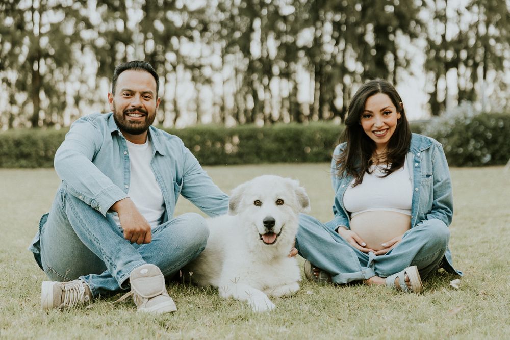 A couple sits on grass with their white dog during a maternity photoshoot.