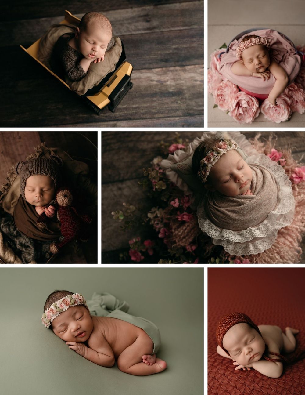Collection of artistic newborn portraits in neutral tones with floral accents.