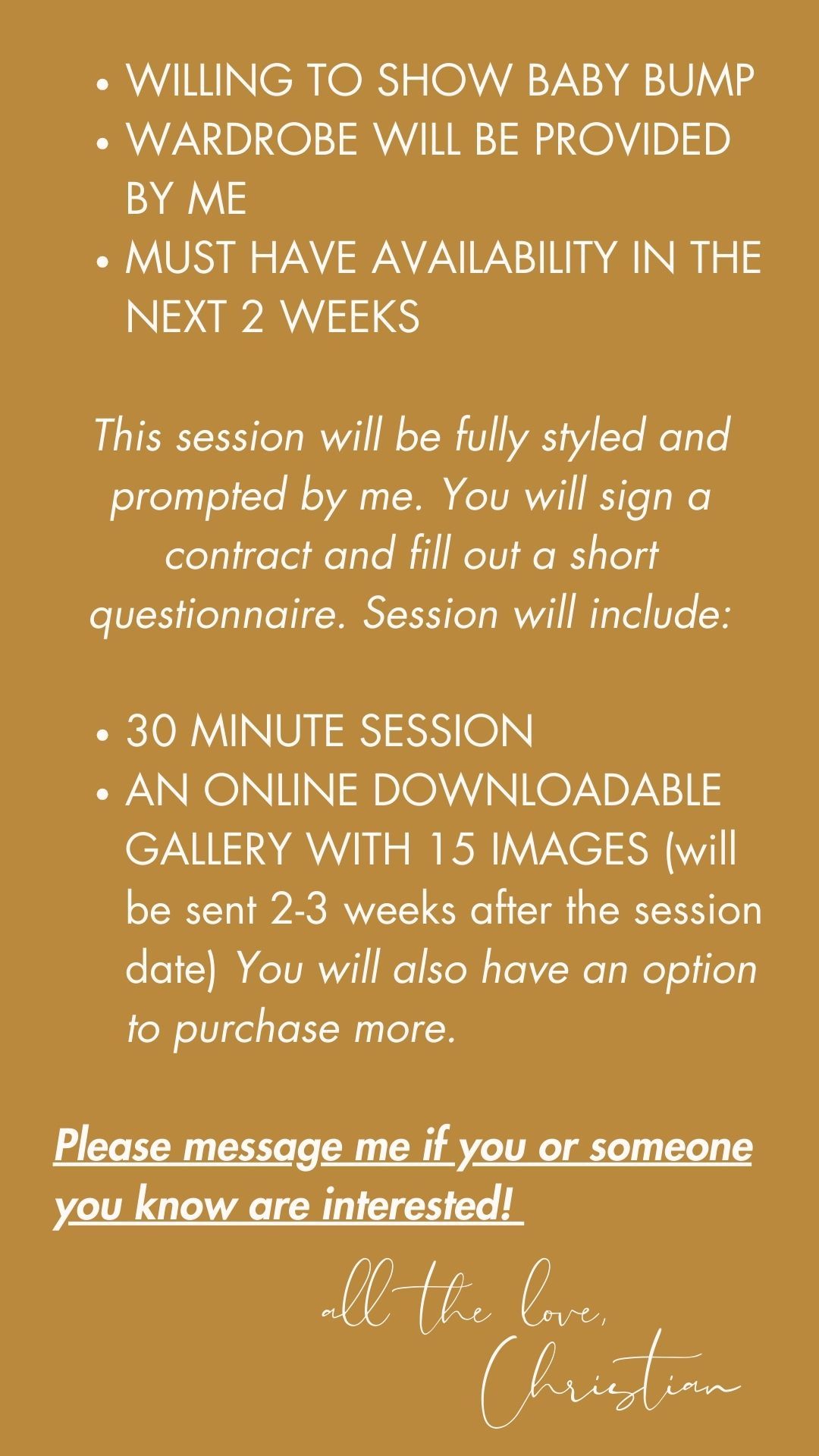Gold-toned text layout describing maternity photo session details and pricing.