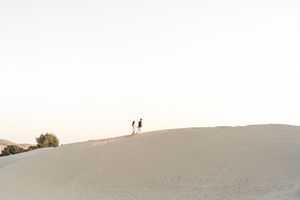 Two people walk along a sunlit sandy desert dune under a pale sky in a serene, minimalist landscape.