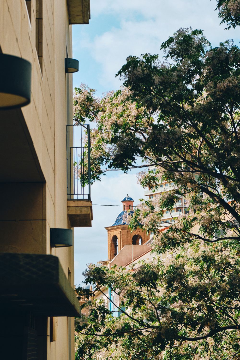 Church bell tower visible through trees and buildings in urban setting.
