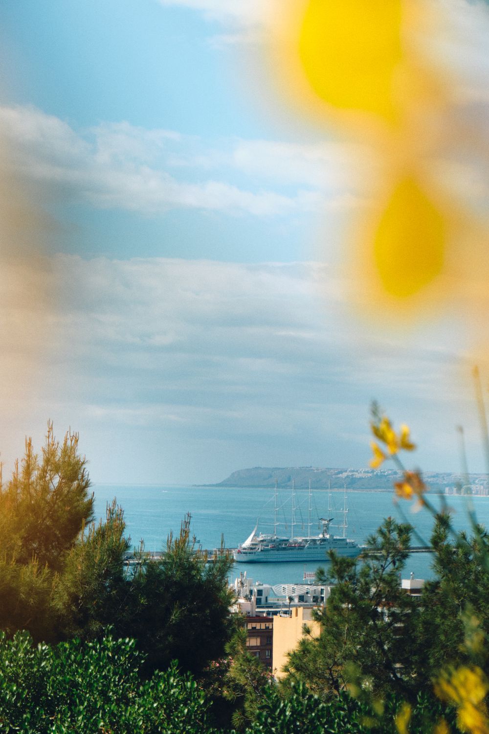 Mediterranean coastal view with cruise ship in harbor through yellow-tinted foreground.
