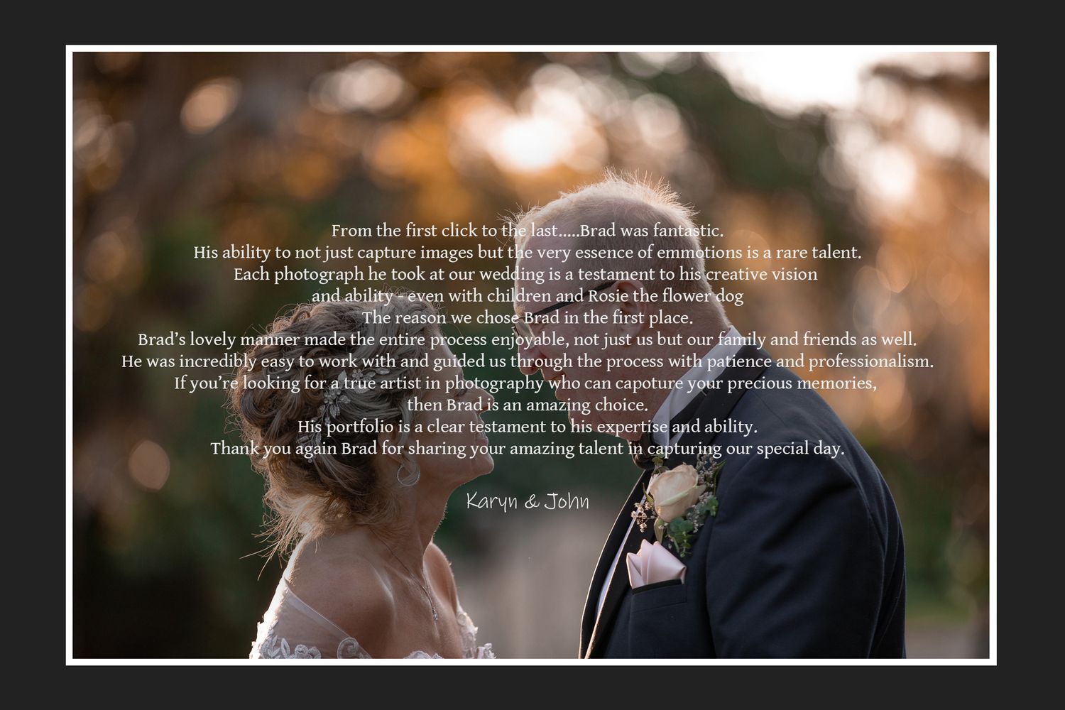 Wedding couple in intimate moment with text overlay against blurred background.