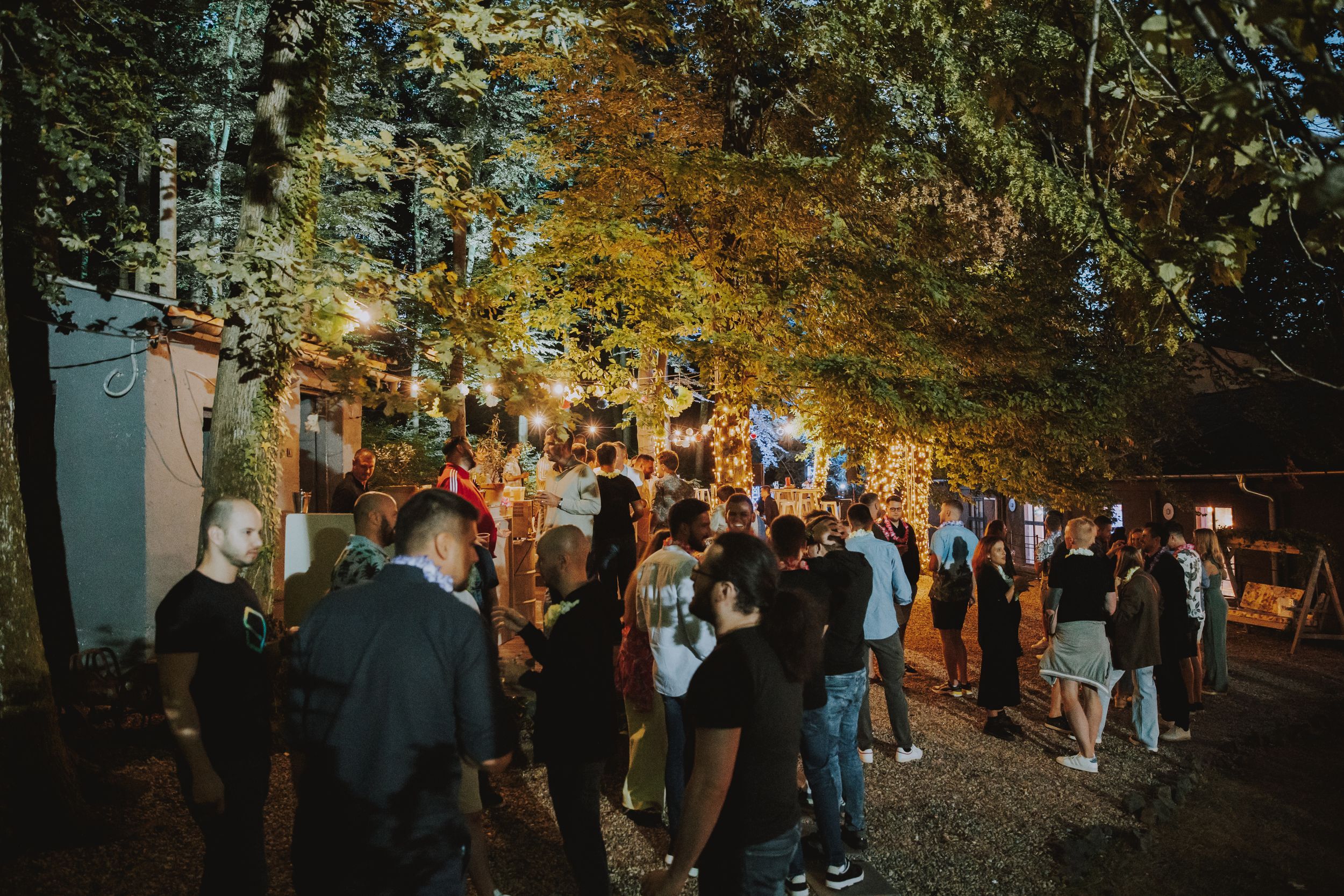 Large crowd gathering outdoors at dusk under tree-lined path with string lights.