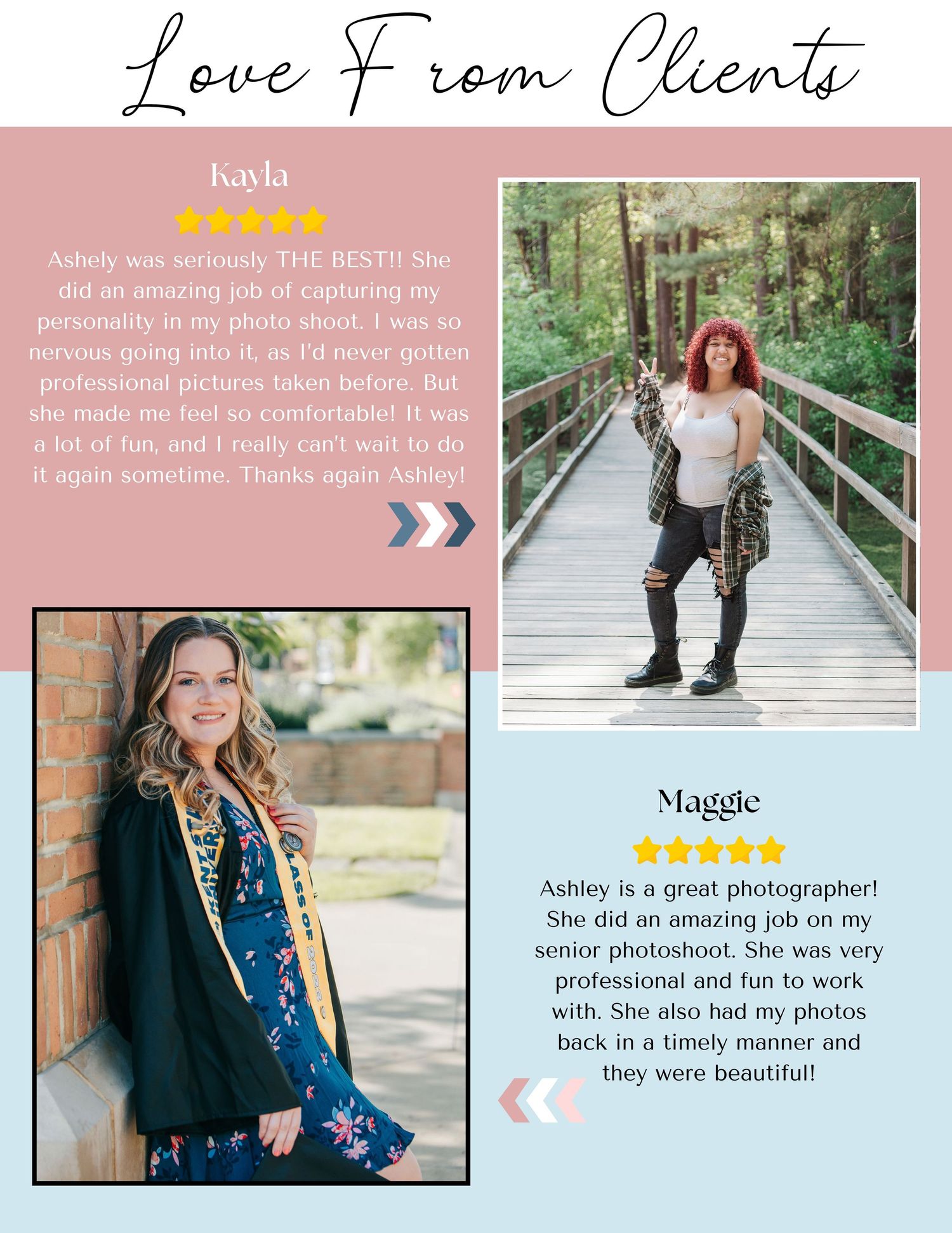 Photography testimonial page showing client reviews with portrait images.