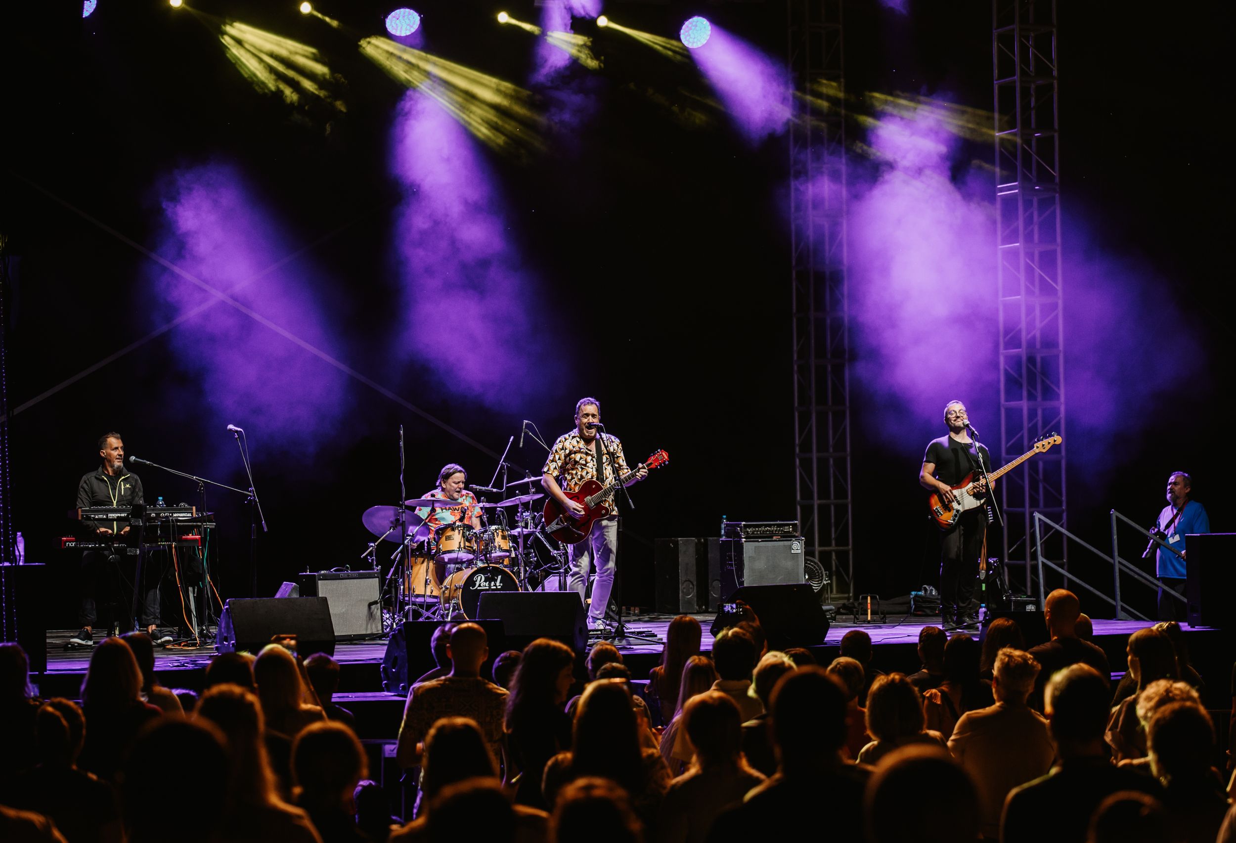 Concert crowd watches band perform under purple stage lights with visible silhouettes in foreground.