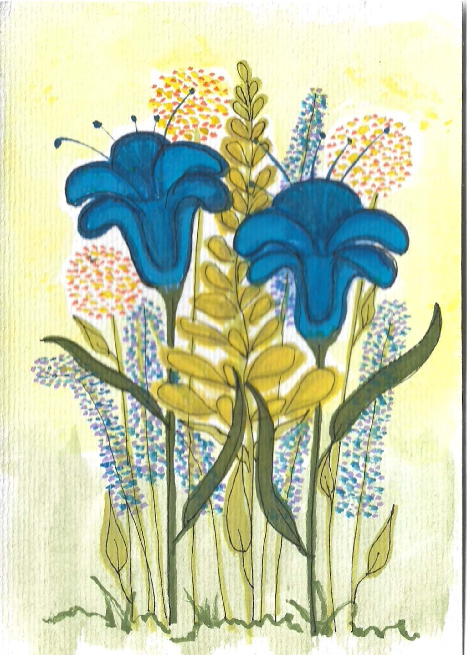 Series of blue flowers with yellow accents painted against a soft yellow background.